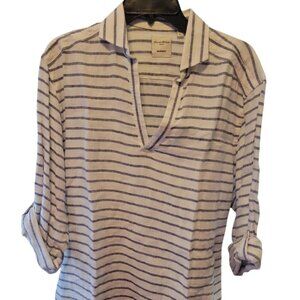 Womens Murano Linen Roll Sleeve Vacation Shirt L Grey Stripe Like New